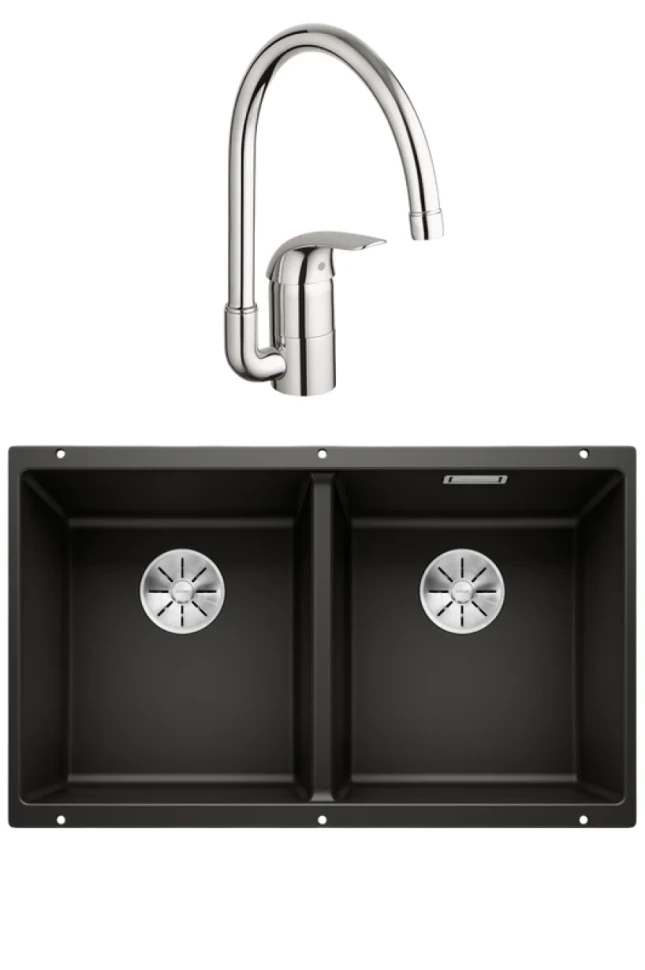 Комплект Мойка Blanco Subline 350/350-U черная + Смеситель Grohe Euroeco