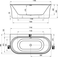 Акриловая ванна Ravak Ypsilon Wall XC00100070 180x80 см, пристенная, синяя, овальная, на ножках, фурнитура белая
