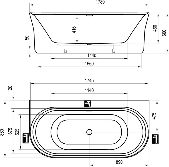 Акриловая ванна Ravak Ypsilon Wall XC00100070 180x80 см, пристенная, синяя, овальная, на ножках, фурнитура белая
