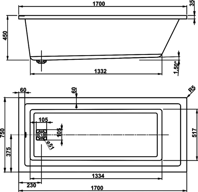Акриловая ванна Vagnerplast Cavallo 170x75 см, пристенная, ультрабелая, с каркасом