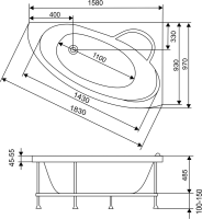 Акриловая ванна EUROLUX Sparta 160x95 см, угловая, правая, пристенная, белая, асимметричная, с каркасом, 160х100, R, с каркасом