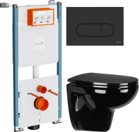 Комплект Унитаз подвесной Wanfald Lauta 47374100005 черный + Инсталляция VitrA V-Fix Core 732-5800-01PV + Кнопка Root Round 740-2211 черная матовая