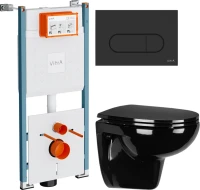 Комплект Унитаз подвесной Wanfald Lauta 47374100005 черный + Инсталляция VitrA V-Fix Core 732-5800-01PV + Кнопка Root Round 740-2211 черная матовая