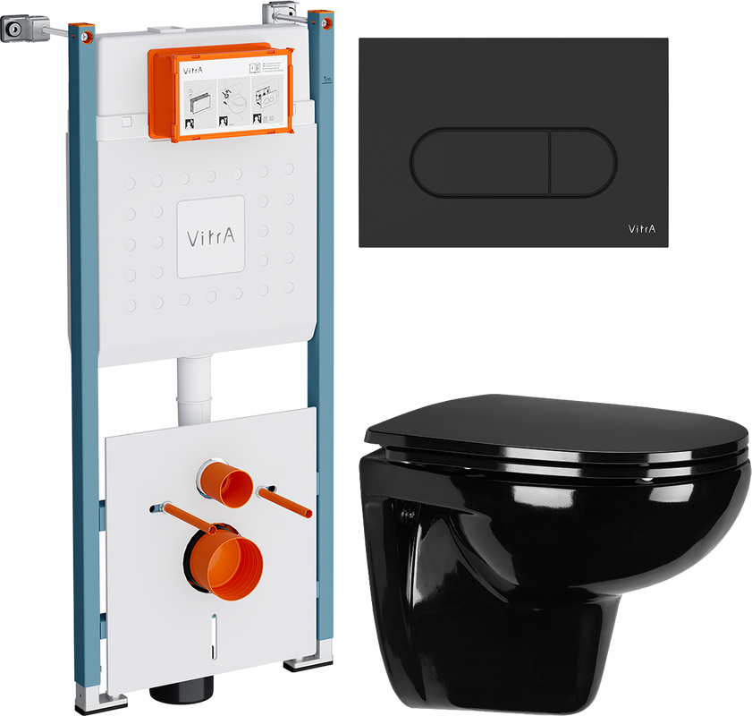 Комплект Унитаз подвесной Wanfald Lauta 47374100005 черный + Инсталляция VitrA V-Fix Core 732-5800-01PV + Кнопка Root Round 740-2211 черная матовая