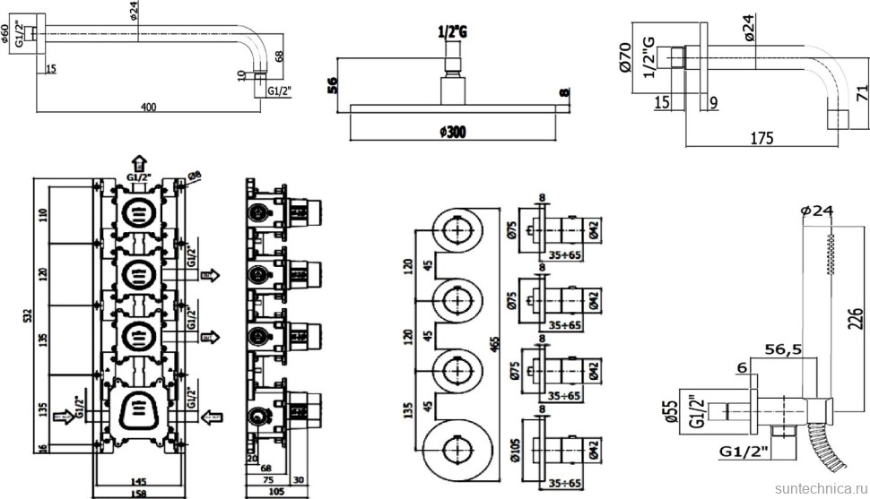 Душевой комплект Paffoni Modular Box KITMB019HGSP139KING С ВНУТРЕННЕЙ ЧАСТЬЮ, верхний душ 30 см, медовое золото брашированное