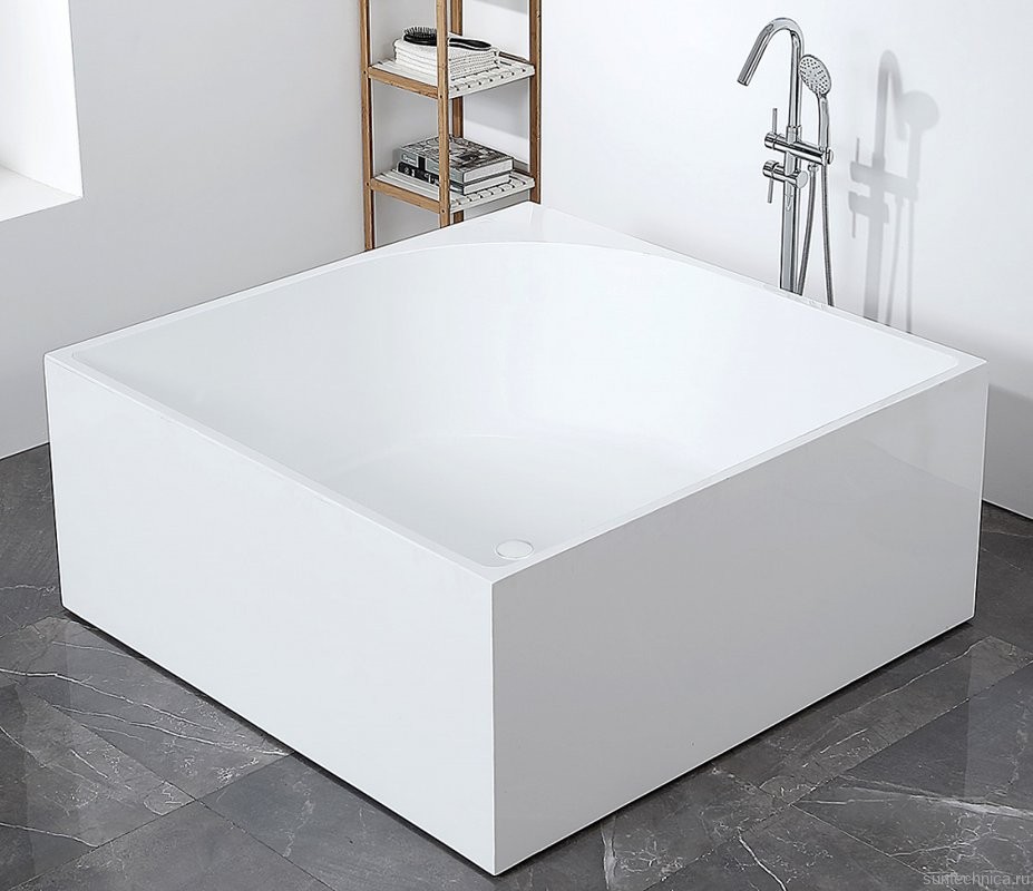 Акриловая ванна Abber AB9337 140x140 см, отдельностоящая, белая, с каркасом, для двоих, со сливом-переливом