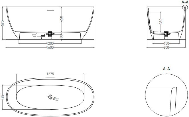 Ванна из искусственного камня Salini Alda S-Sense 160x80 см, отдельностоящая, белая, овальная, со сливом-переливом, с донным клапаном