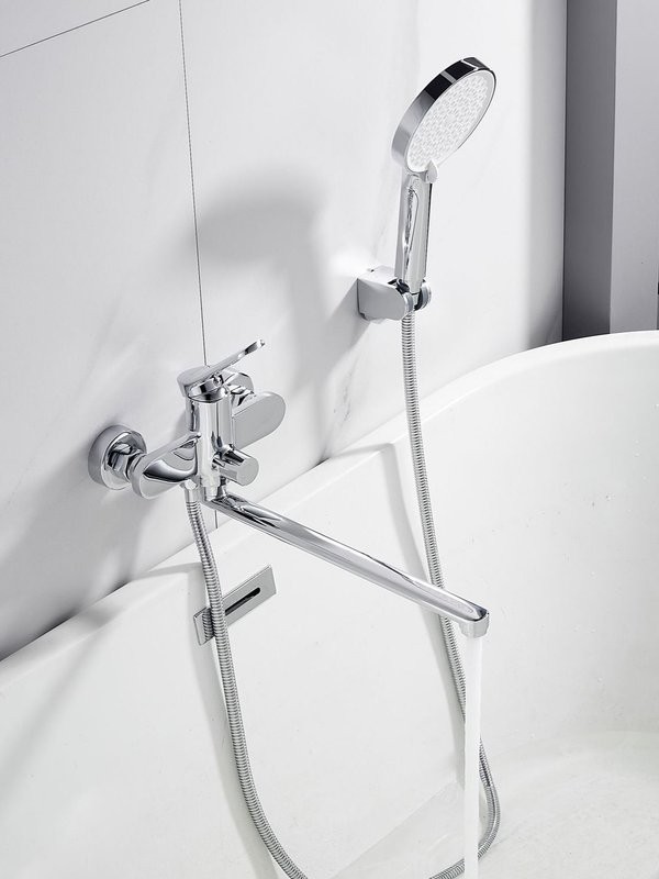Смеситель для ванны с длинным изливом и лейкой (кран для ванны) Shevanik S4322, хром