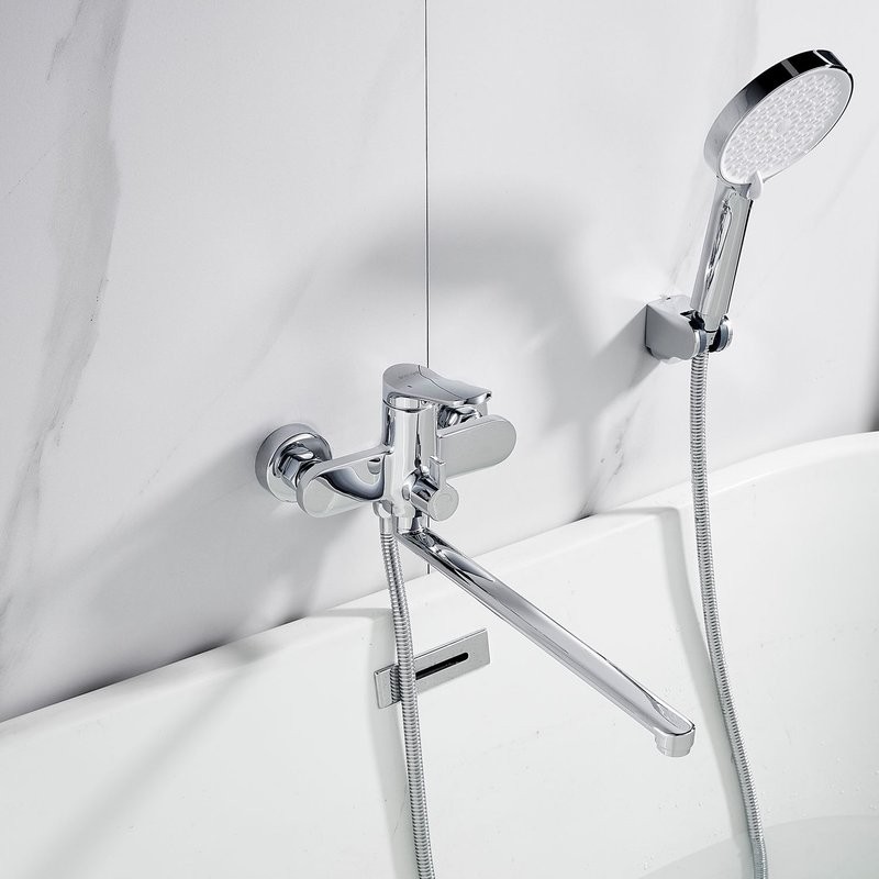 Смеситель для ванны с длинным изливом и лейкой (кран для ванны) Shevanik S4322, хром