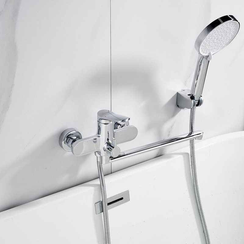 Смеситель для ванны с длинным изливом и лейкой (кран для ванны) Shevanik S4322, хром