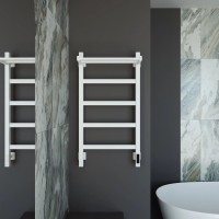 Полотенцесушитель электрический Grota Lore 430х800 RAL9016 EL 80x45 см, подключение справа, слева, скрытое подключение справа, матовый белый, лесенка, из стали, с полкой