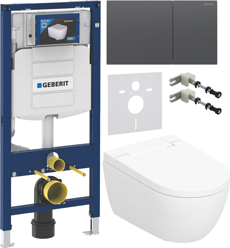 Комплект Умный унитаз Geberit AquaClean Alba безободковый, с биде + Инсталляция Duofix UP 320 111.300.00.5 + Кнопка Sigma 70 115.622.QD.1 хромированный черный + Звукоизоляция + Крепления 111.815.00.1 к стене