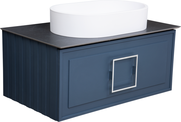 Тумба с раковиной La Fenice Cubo 80 подвесная, синяя, ручка белая, столешница черный мрамор, раковина матовая белая