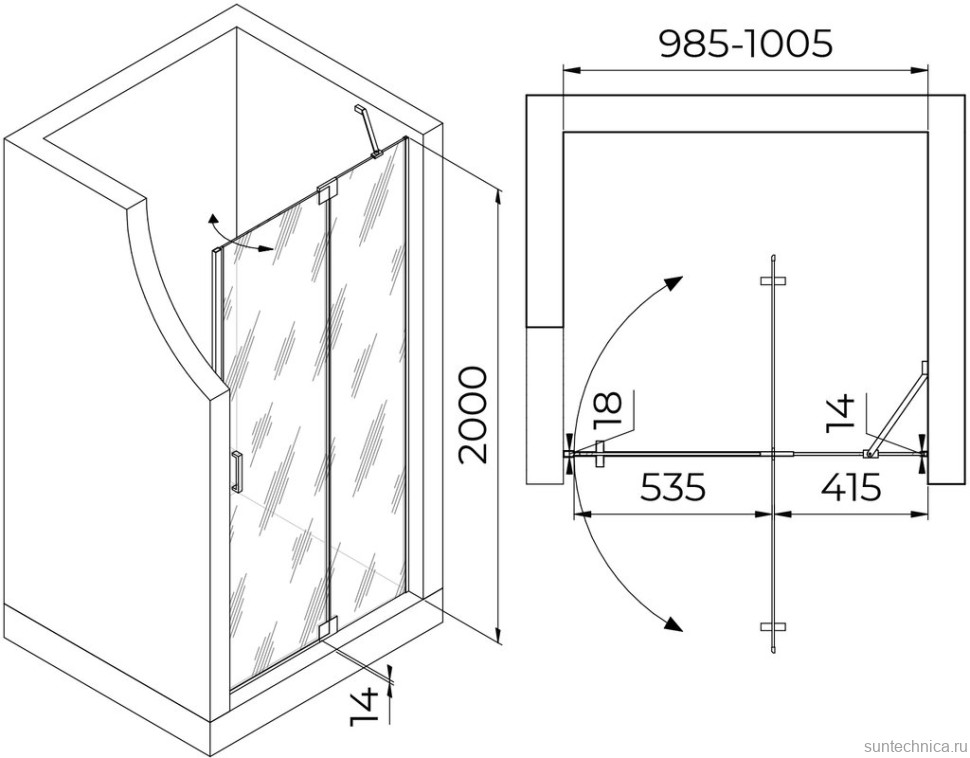 Душевая дверь в нишу RGW Hotel HO-014-Gg 1000х2000 профиль серый, стекло матовое