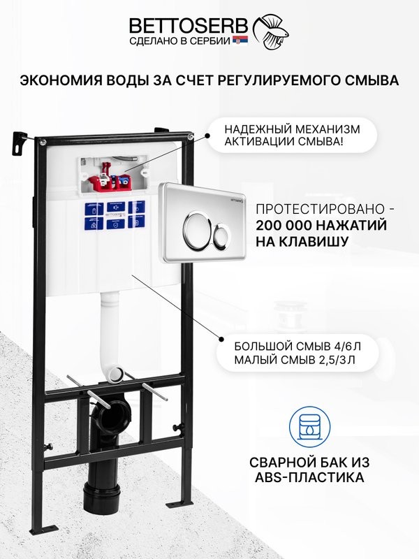 Комплект Инсталляция BETTOSERB Sava Fix Slim 40006456 + Кнопка Duo 40006463 цвет матовый черный, глянцевый хром