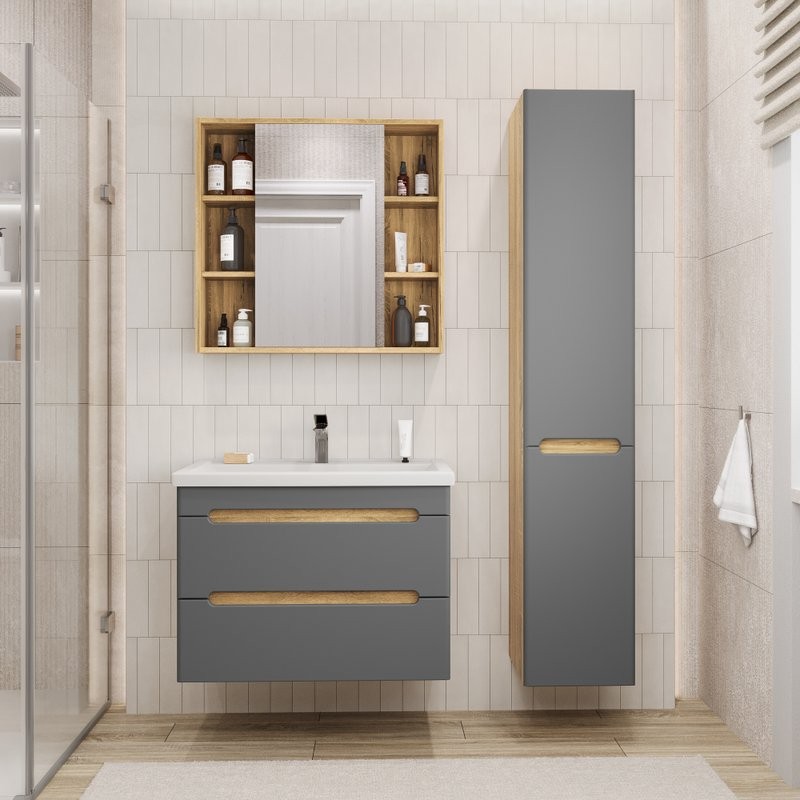 Тумба под раковину без столешницы SanStar Diva 80 подвесная, графит софт, дуб вотан