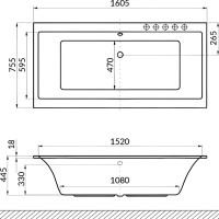 Акриловая ванна Excellent Pryzmat Slim Smart 160x75 см, встраиваемая, с гидромассажем, белая, с каркасом, со сливом-переливом, фурнитура золото