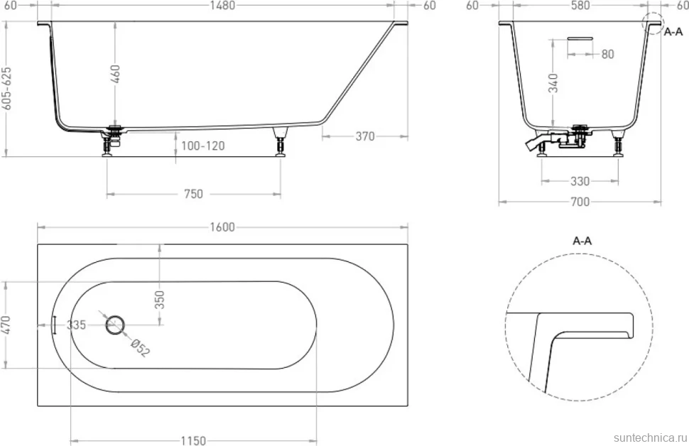 Ванна из искусственного камня Salini Ornella Kit S-Sense 160x70 см, встраиваемая, матовая белая, на ножках, с донным клапаном