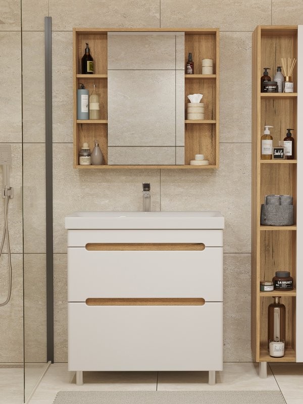Мебель для ванной комнаты SanStar Diva 80 напольная, матовая белая, дуб вотан, раковина Moduo 80