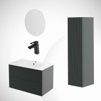 Комплект IDDIS 5в1: тумба подвесная с умывальником Bild 80 см + пенал Bild подвесной + зеркало с термообогревом Bild + смеситель для умывальника Bild