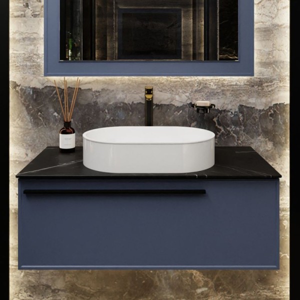 Тумба под раковину со столешницей La Fenice Elba 100 подвесная, синяя, столешница черный мрамор