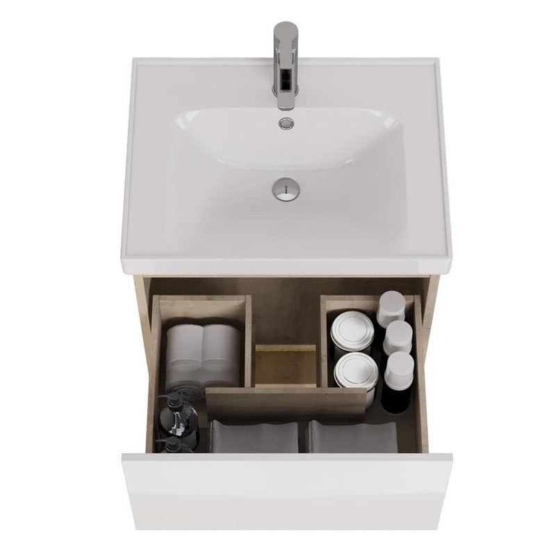 Тумба с раковиной Dreja Perfecto 60 подвесная, дуб эврика, белый глянец