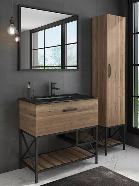 Мебель для ванной комнаты Comforty Бредфорд 90 напольная, темный дуб, с раковиной Comforty 90E черная матовая