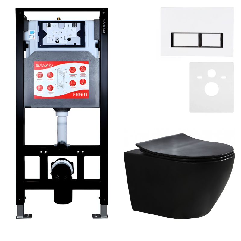 Комплект Унитаз подвесной Esbano Amapola ESUPAMAPBM матовый черный + Инсталляция Fram + Кнопка ESINPRK12GW