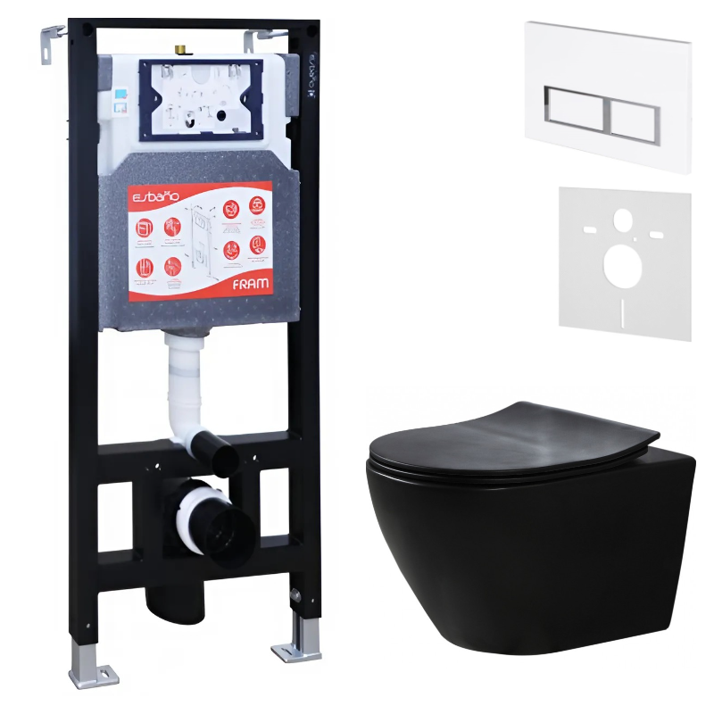Комплект Унитаз подвесной Esbano Amapola ESUPAMAPBM матовый черный + Инсталляция Fram + Кнопка ESINPRK12GW