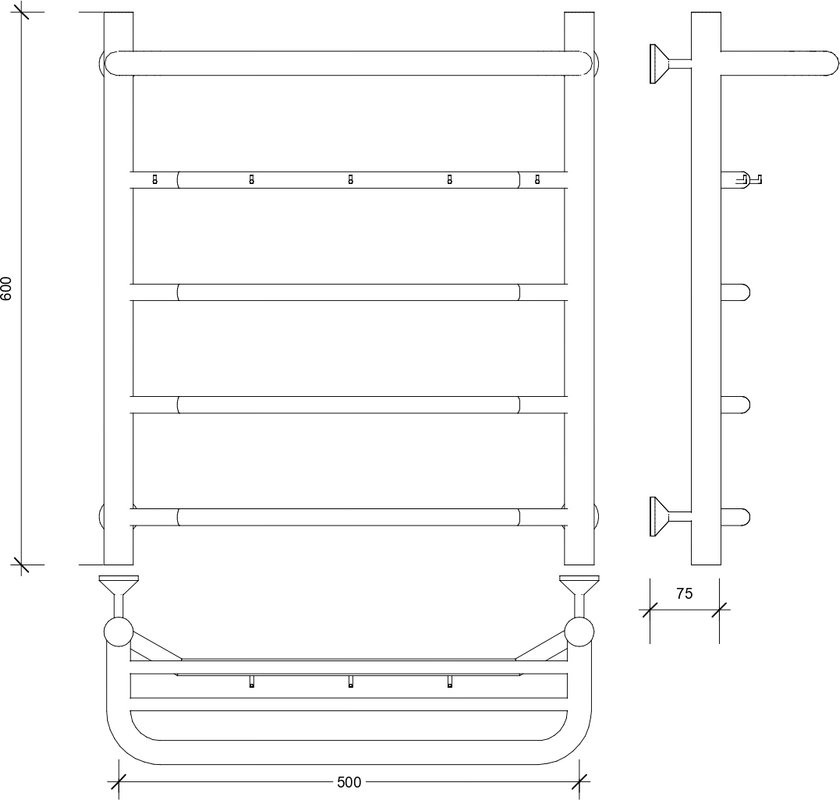 Полотенцесушитель водяной Secado Агата 1 KСП 60x55 см, матовый черный, лесенка, с полкой