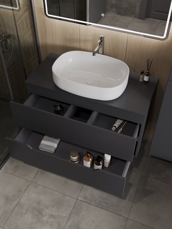 Мебель для ванной комнаты Orange Line 100 подвесная, 2 ящика, матовый графит с раковиной B04-600W