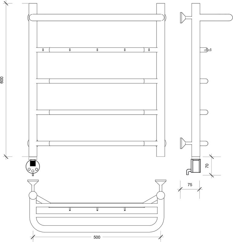 Полотенцесушитель электрический Secado Агата 1 КСП 60x50 см, подключение слева, матовый черный, лесенка, с полкой