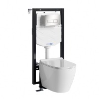 Комплект Унитаз подвесной WasserKRAFT Mindel H002 безободковый + Крышка для унитаза E034 + Система инсталляции для унитазов Vils 56TLT.010.ME + Кнопка смыва BN03