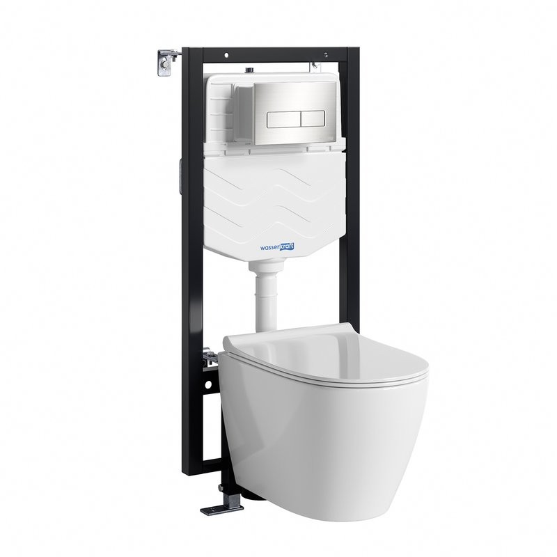 Комплект Унитаз подвесной WasserKRAFT Mindel H002 безободковый + Крышка для унитаза E034 + Система инсталляции для унитазов Vils 56TLT.010.ME + Кнопка смыва BN03