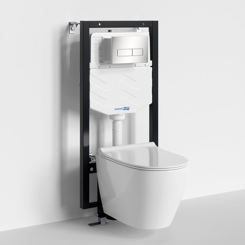 Комплект Унитаз подвесной WasserKRAFT Mindel H002 безободковый + Крышка для унитаза E034 + Система инсталляции для унитазов Vils 56TLT.010.ME + Кнопка смыва BN03