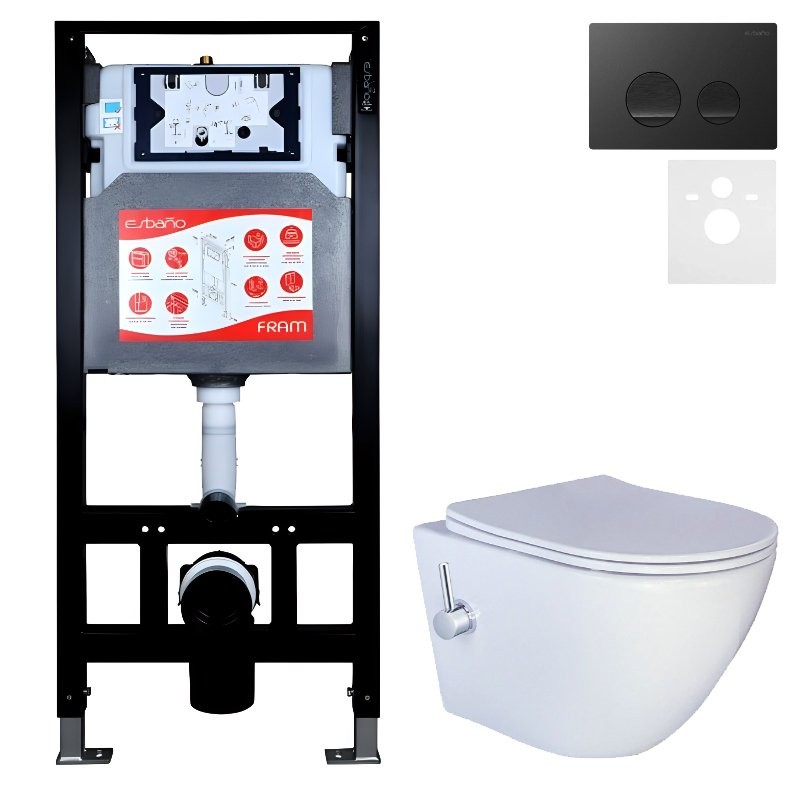 Комплект 3 в 1 Унитаз подвесной Esbano ESWBTERUWN + Инсталляция Fram + Кнопка ESINSLM37MB цвет матовый черный