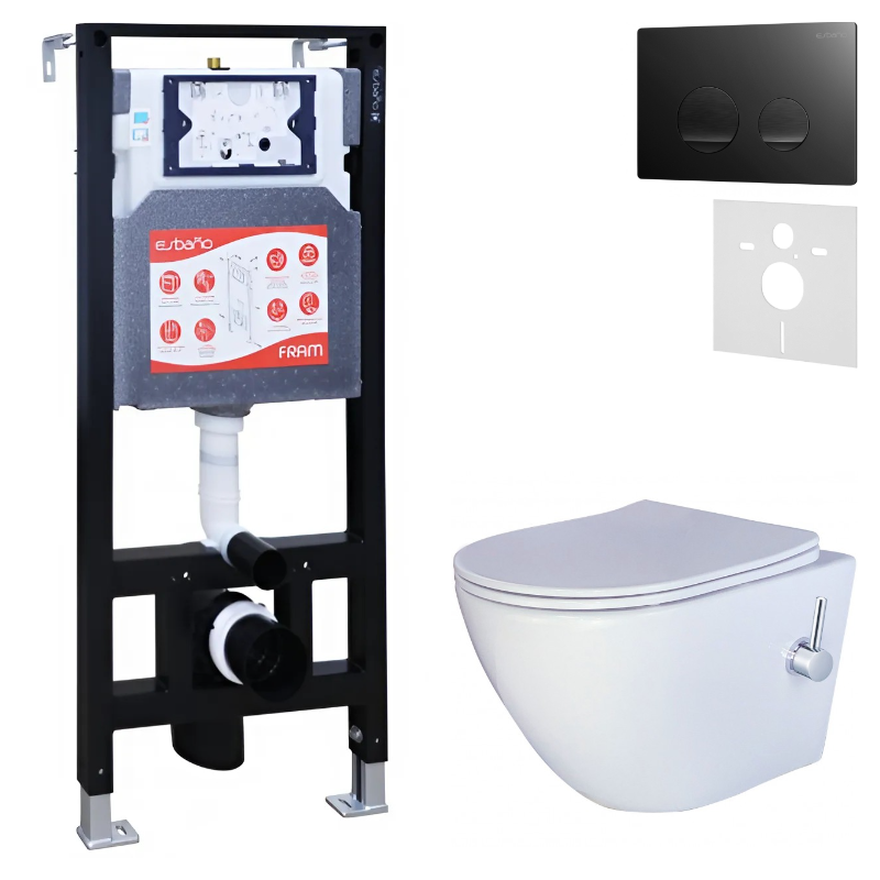Комплект 3 в 1 Унитаз подвесной Esbano ESWBTERUWN + Инсталляция Fram + Кнопка ESINSLM37MB цвет матовый черный