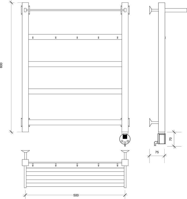Полотенцесушитель электрический Secado Корсико 1 КСП R 65x55 см, подключение справа, хром, лесенка, с полкой