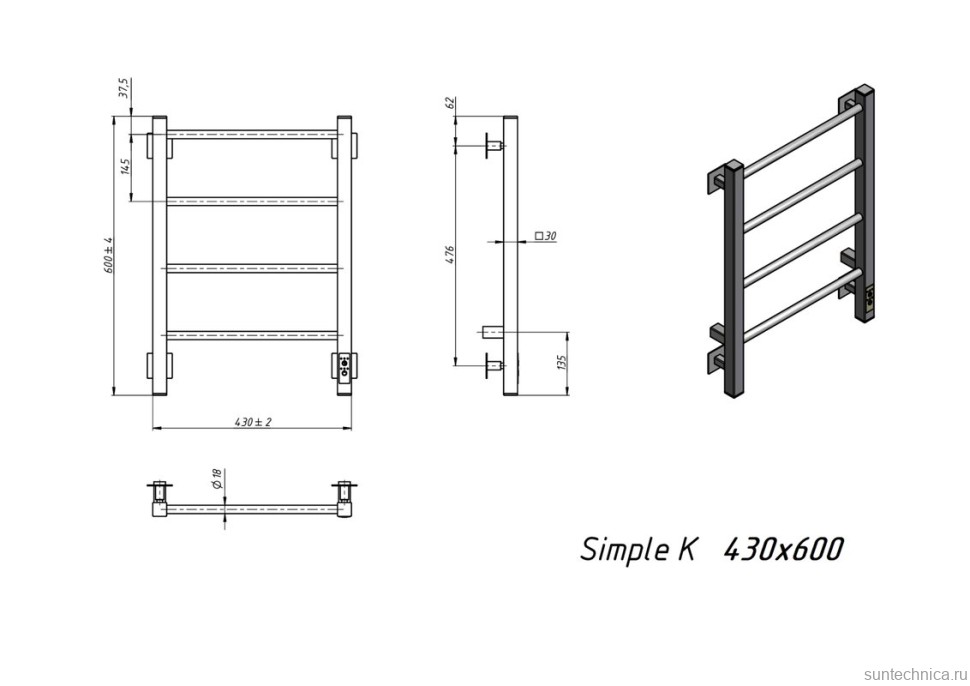 Полотенцесушитель электрический Grota Simple K RAL9005 EL 43х60, матовый черный