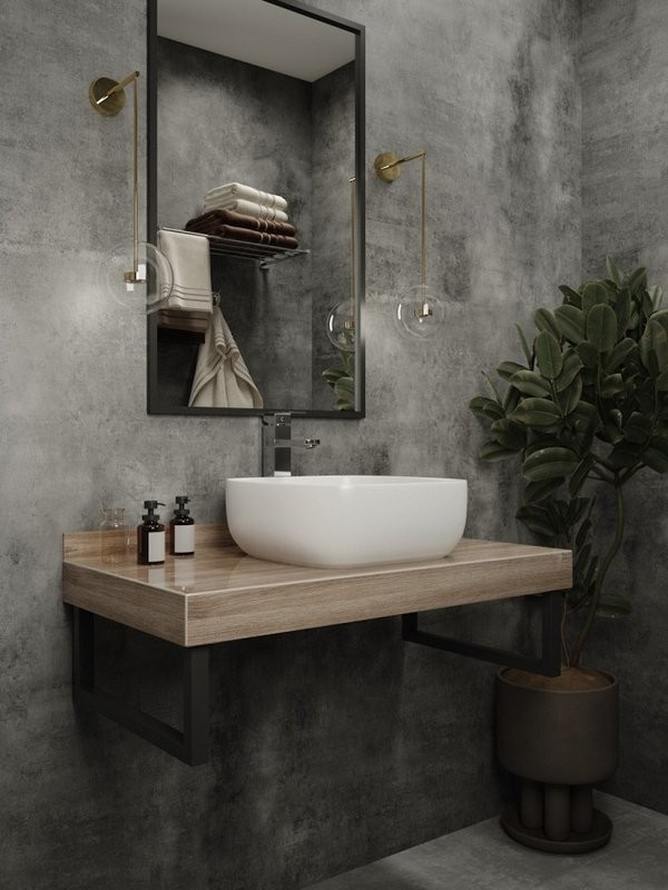 Столешница с раковиной Teymi Helmi 90 дуб кашмир, раковина Solli 41,  с черными кронштейнами