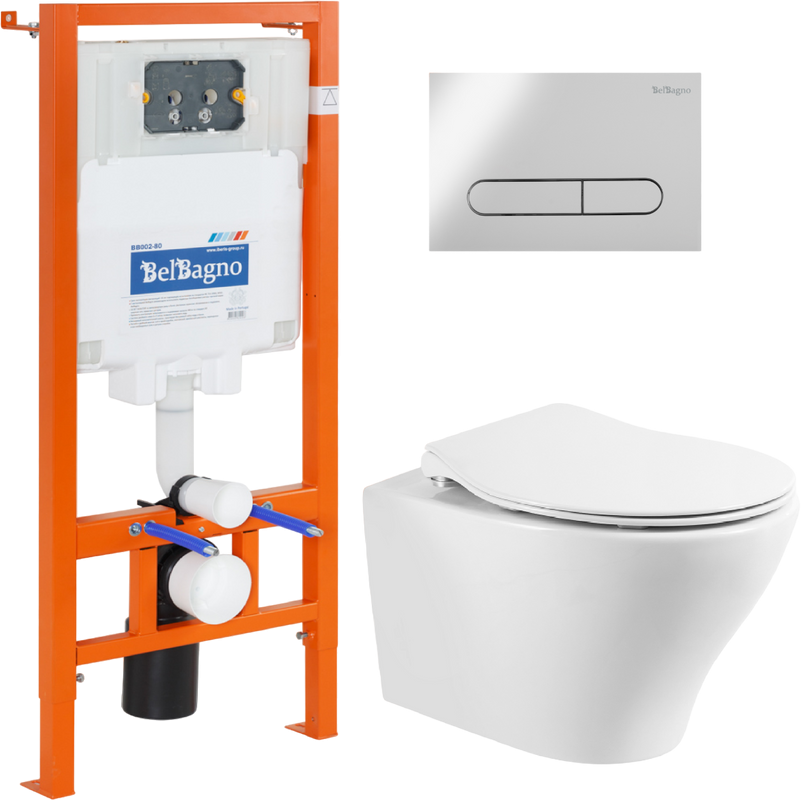 Комплект Унитаз подвесной BelBagno Acqua BB340CHR крышка BB2020SC, безободковый, с микролифтом + Система инсталляции для унитазов BelBagno BB002-80 с