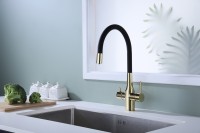 Смеситель для кухни Paulmark Salix 213419-G, золото, черный, с гибким изливом