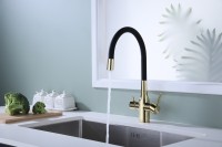 Смеситель для кухни Paulmark Salix 213419-G, золото, черный, с гибким изливом