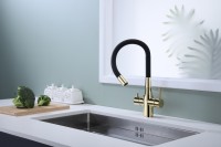 Смеситель для кухни Paulmark Salix 213419-G, золото, черный, с гибким изливом