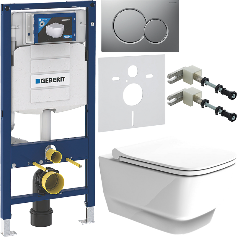 Комплект Унитаз подвесной Boheme Bello 971-W белый глянцевый + Крышка 975-W белая глянцевая + Инсталляция Geberit Duofix UP 320 111.300.00.5 + Кнопка Sigma 01 115.770.JQ.5 лакированная, матовый хром + Крепления 111.815.00.1 к стене + Звукоизоляция