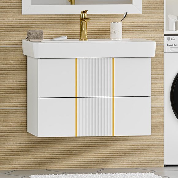 Тумба с раковиной Brevita Vega 80 подвесная, белая, золото