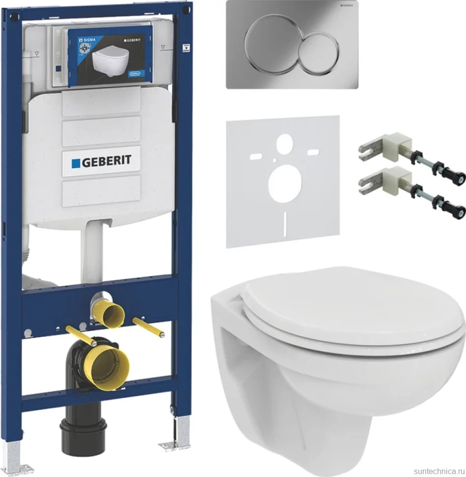 Комплект Унитаз подвесной Ideal Standard Eurovit K881201 безободковый + Крепления Geberit Duofix 111.815.00.1 к стене + Звукоизоляция + Инсталляция UP 320 111.300.00.5 + Кнопка Sigma 01 115.770.21.5 хром