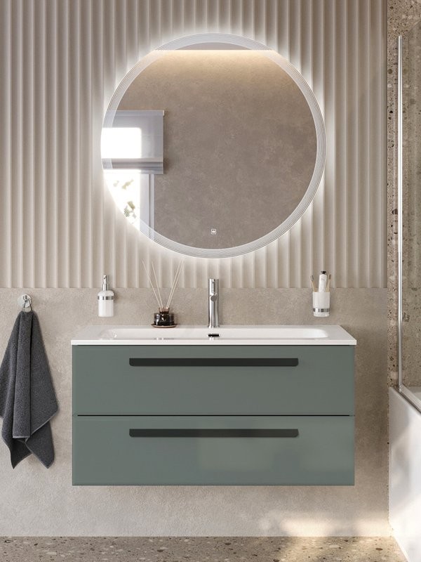 Тумба с раковиной Cezares Eco-Cer-N 100 серо-зеленая матовая, раковина CZR-8073-100, ручки матовые черные