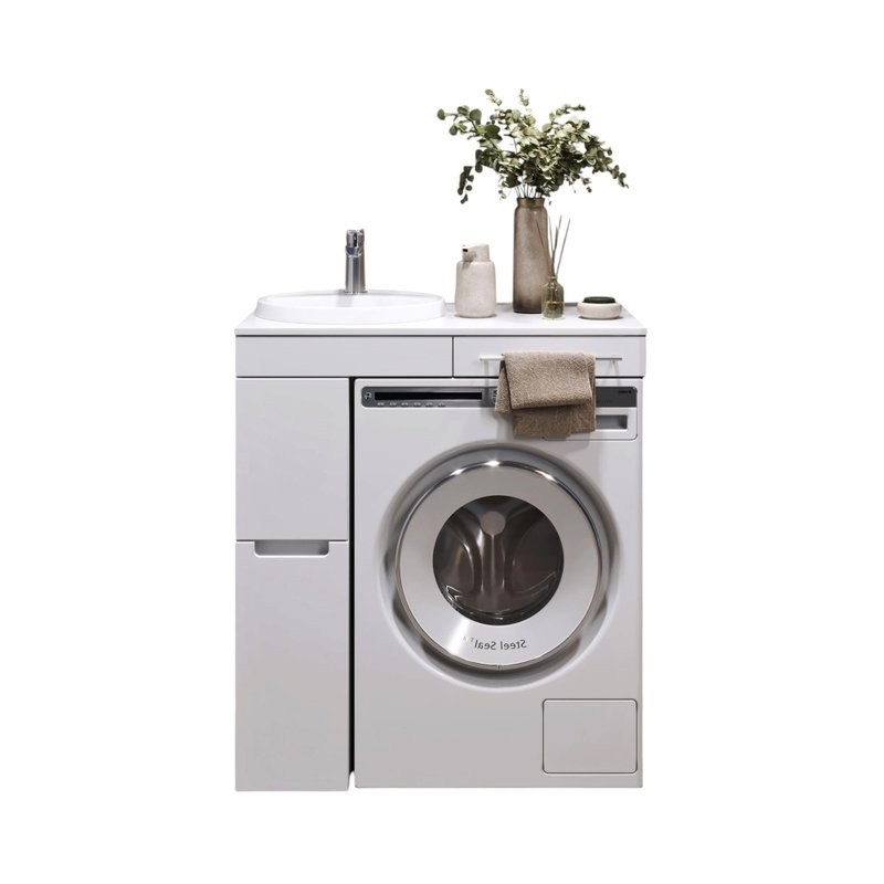 Тумба с раковиной Alavann Cosmetic 85 L под стиральную машину, напольная, глянцевая белая