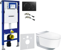 Комплект Умный унитаз Geberit AquaClean Mera Comfort 146.214.21.1 с системой удаления запахов, глянцевый хром + Крепления Duofix 111.815.00.1 к стене + Звукоизоляция + Инсталляция UP 320 111.300.00.5 + Кнопка Sigma 01 115.770.DW.5 черная